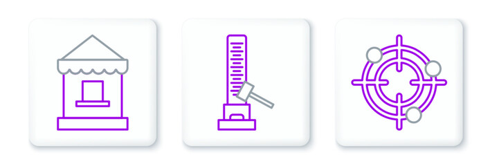 Set line Target sport for shooting competition, Ticket box office and High striker attraction with big hammer icon. Vector