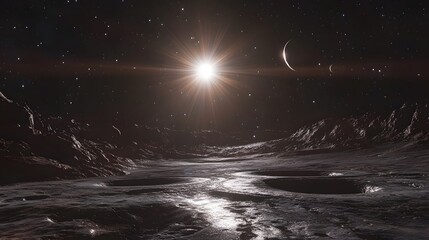 A bright star viewed from an alien planet with ringed moons