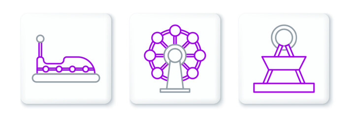 Set line Attraction carousel, Bumper and Ferris wheel icon. Vector