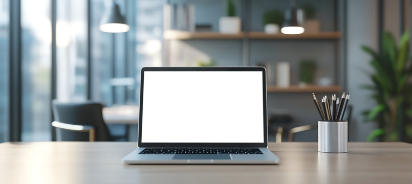 Clean Professional Workspace with Laptop with Transparent PNG Display Turned Off, Perfect Scene for Custom Advertisement and Personalized Brand Identity