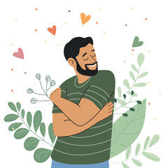Man hugging himself feeling happy mental health concept self love and self care