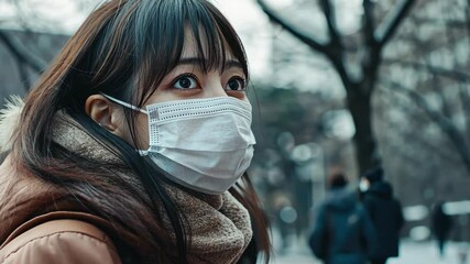 Asian woman wearing a white face mask while walking on the street. Health and safety measures during times of pandemic.