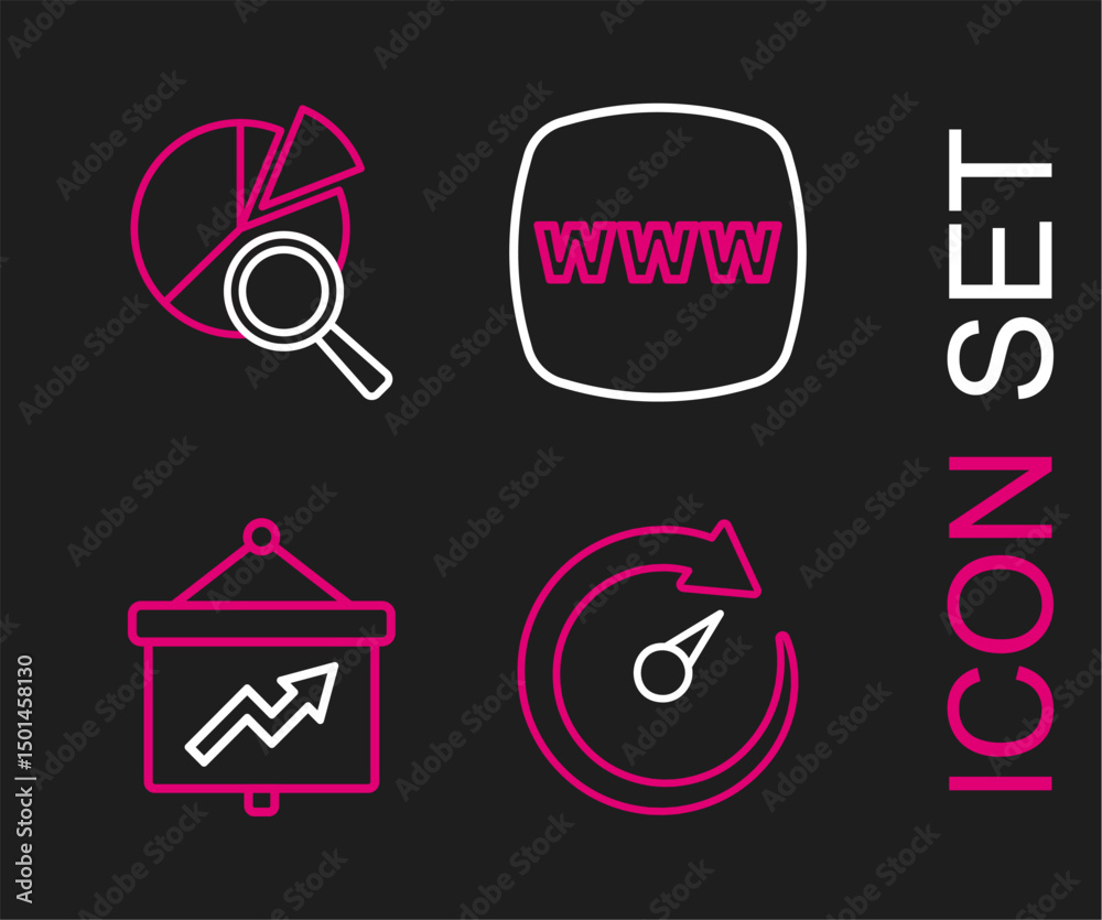 Poster set line digital speed meter, board with graph, website template and search data analysis icon. vect