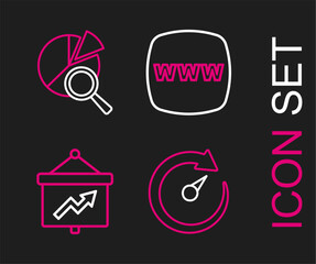 Set line Digital speed meter, Board with graph, Website template and Search data analysis icon. Vector