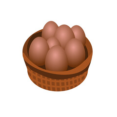 Isometric vector illustration of brown eggs in a woven basket