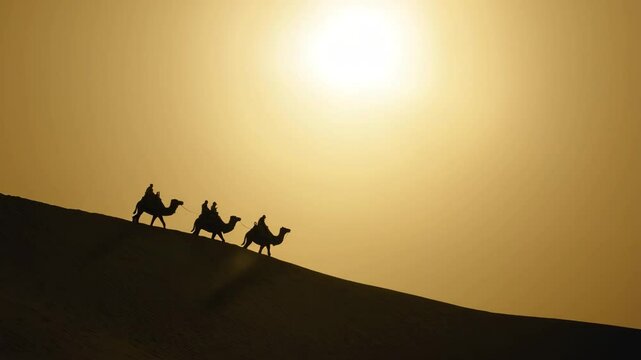 Camels bearing tourists crossing golden sand dunes, casting dramatic dark silhouettes under blazing desert sunlight, capturing nomadic travel essence. camels climbing a dune in the distance