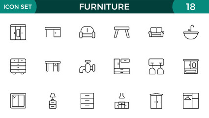 Furniture and home interior elements - thin line web icon set. Outline icons of kitchen, living room, bedroom and office collection.