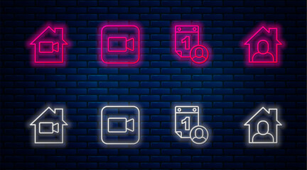 Set line Camera, Time management, Video camera Off in home and Online working. Glowing neon icon on brick wall. Vector