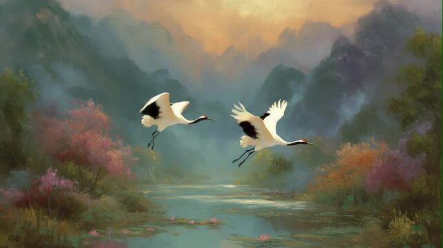 Two Cranes Flying Over a Misty Autumn Valley