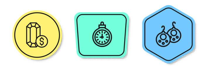 Set line Jewelry online shopping, Pocket watch and Earrings. Colored shapes. Vector