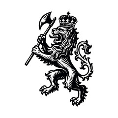 Heraldic lion with crown and axe engraving style vector