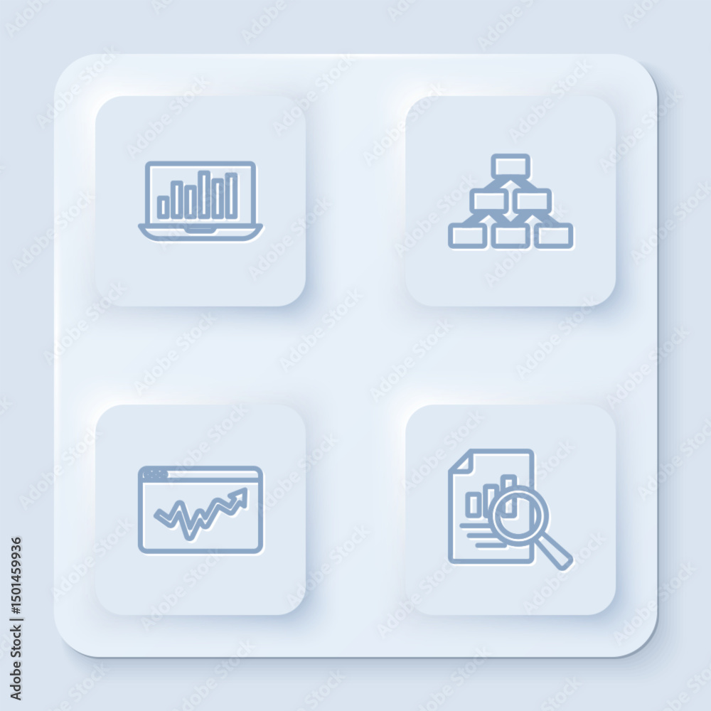Poster set line laptop with graph chart, hierarchy organogram, graph infographic and document. white square