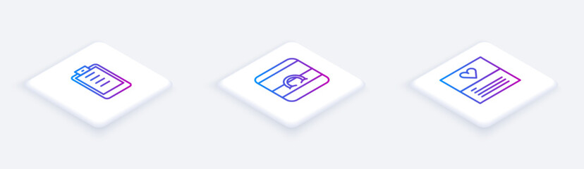 Set Isometric line Clipboard with checklist, Wedding rings and Greeting card. White square button. Vector