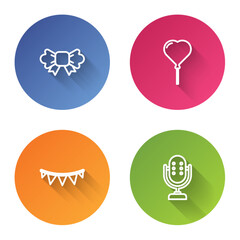 Set line Bow tie, Balloon in form of heart, Carnival garland with flags and Microphone. Color circle button. Vector