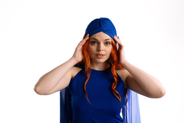 Woman in Blue Dress and Turban with Red Hair