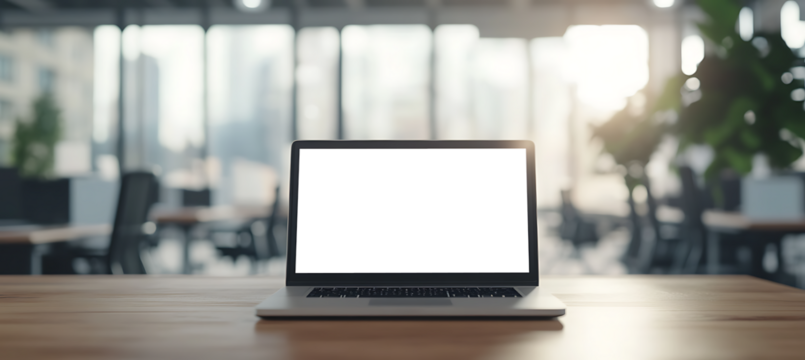 Professional Laptop Workstation with Trapsnarent PNG Screen Displayed on Tabletop in Open Office Area for Commercial and Promotional Design Use