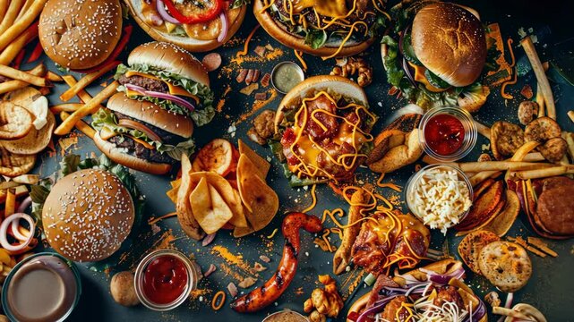 Colorful meal with sandwiches and condiments