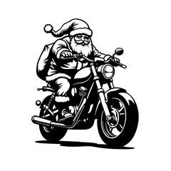 Santa riding black motorcycle on white background