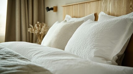 Close-up of Alpine Scandinavian fusion bedroom, snowy white with pale wood details
