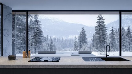 Close-up of alpine modern kitchen, snowy view through window, stone counters, minimal decor