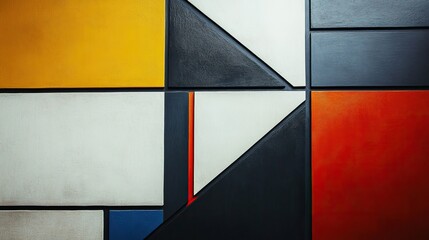 Close-up of Bauhaus-style minimalist bedroom, geometric wall art, clean bold contrasts