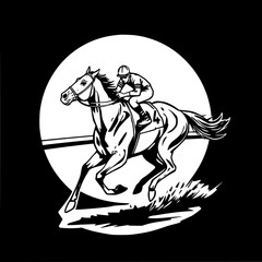Fototapeta premium Jockey and Horse Race: A dynamic monochrome illustration depicts a jockey fiercely riding a horse, number 4, at full speed against a circular backdrop.