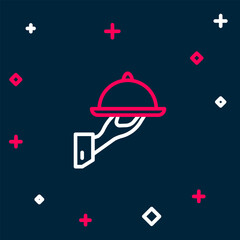 Line Covered with a tray of food icon isolated on blue background. Tray and lid sign. Restaurant cloche with lid. Colorful outline concept. Vector