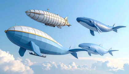 Colorful Airships and Whales in Blue Sky with Clouds Illustrating Imagination and Innovation in Travel