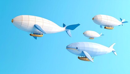 Obraz premium Airborne Whales Floating Above the Clouds in a Clear Blue Sky with Vibrant Colorful Balloons
