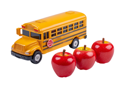 Back-to-school scene with a school bus toy, stacked books, and red apples on a clean academic backdrop, Png