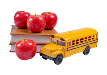 Back-to-school scene with a school bus toy, stacked books, and red apples on a clean academic backdrop, Png