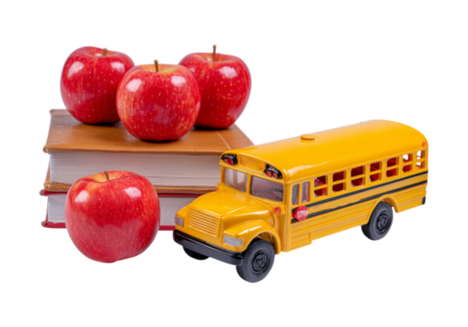 Back-to-school scene with a school bus toy, stacked books, and red apples on a clean academic backdrop, Png