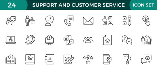 Support and customer service outline style modern icons set. Customer Feedback, Response, experience, helpline and technical support icon illustration.