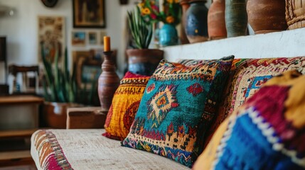Close-up of eclectic Mexican home interior, bright patterns, folk art, clay and turquoise accents