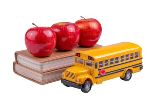 Back-to-school scene with a school bus toy, stacked books, and red apples on a clean academic backdrop, Png