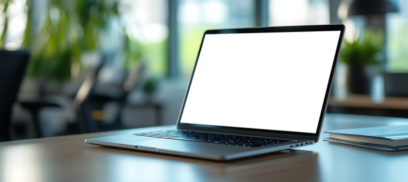 Professional Laptop Workstation with Trapsnarent PNG Screen Displayed on Tabletop in Open Office Area for Commercial and Promotional Design Use