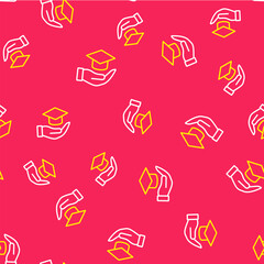 Line Education grant icon isolated seamless pattern on red background. Tuition fee, financial education, budget fund, scholarship program, graduation hat. Vector