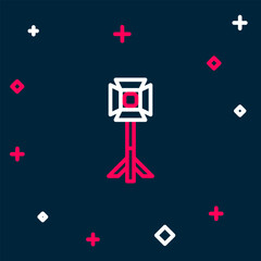 Line Studio light bulb in softbox icon isolated on blue background. Shadow reflection design. Colorful outline concept. Vector