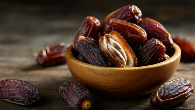 Close-up of fresh dates in wooden bowl on rustic table