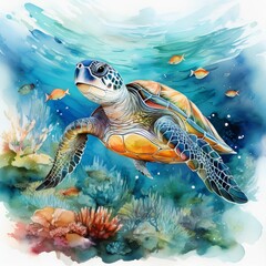 Fototapeta premium Majestätische Meeresschildkröte im Ozean – Aquarell Meeresbild