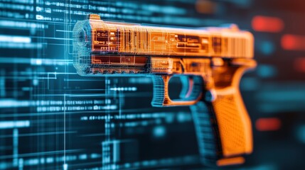 A digital rendering of a handgun with glowing lines, overlaid on a futuristic, data-driven background.