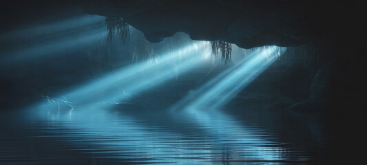 Mysterious cave entrance with underwater light beams