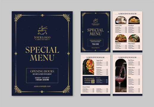 Blue And Beige Luxury Classic Elegant Ornate Restaurant Menu Template