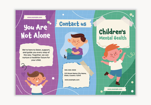 Purple And Green Children Mental Health Support Brochure Template