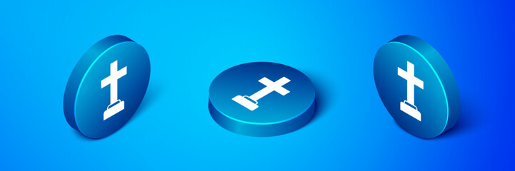 Isometric Man graves funeral sorrow icon isolated on blue background. The emotion of grief, sadness, sorrow, death. Blue circle button. Vector
