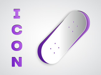 Paper cut Skateboard icon isolated on grey background. Extreme sport. Sport equipment. Paper art style. Vector