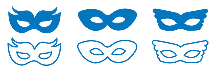 Superhero mask vector blue icon. Silhouette hero cartoon character comic face. Flat black superhero costume design mask icon vector illustration