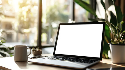 Fototapeta premium Minimalistic Workspace Featuring Laptop with Empty PNG Screen and Coffee Mug for Creative Advertising or Branding Concepts