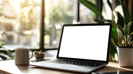 Minimalistic Workspace Featuring Laptop with Empty PNG Screen and Coffee Mug for Creative Advertising or Branding Concepts