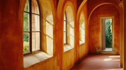 Close-up of romantic Italian villa interior, stucco walls, arched windows, terracotta hues